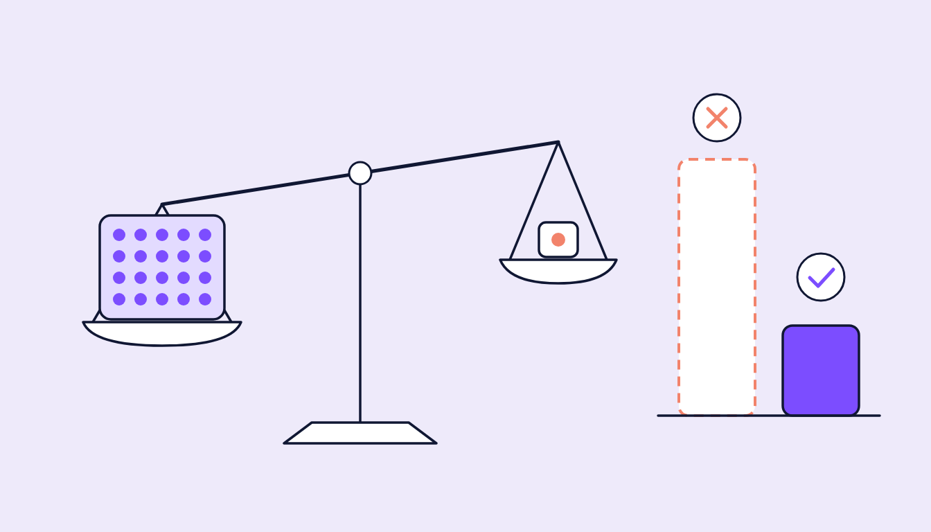 Illustration: eine Waage neigt sich zu einem großen Datenblock statt zu einem kleinen, daneben ein gestrichelter zu hoher Balken und ein kleiner richtiger Balken mit Häkchen